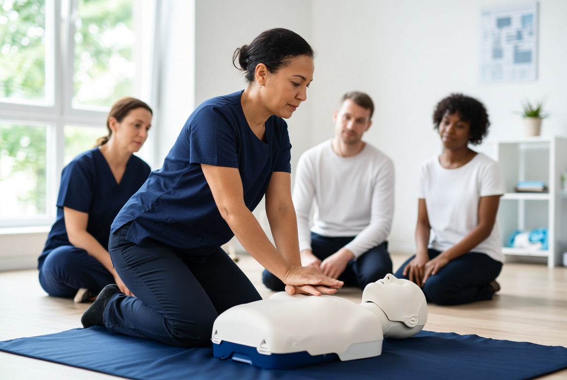 Instructor demonstrating chest compressions on a training manikin